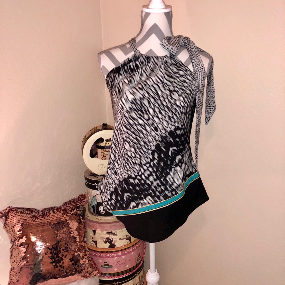 NWT New York & Company Turquoise Gray Animal Print Metallic Bow Neck Halter Top